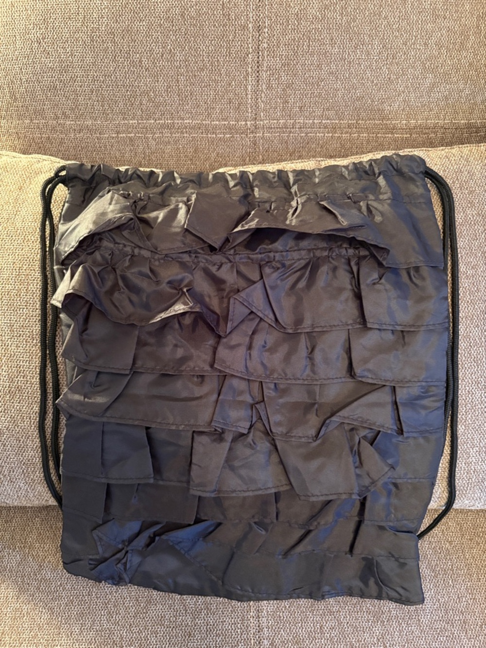 Black Ruffled Drawstring Backpack